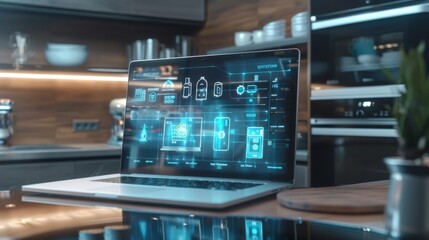 Futuristic laptop displaying smart home system in a modern kitchen