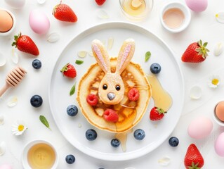 Easter bunny pancake breakfast with berries, honey, and eggs on white background 