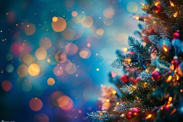 Obraz na płótnie Canvas macro christmas tree with bokeh lights background --ar 3:2 --style raw --stylize 250 Job ID: 4bbe819b-981c-466f-8bf8-148fd0c6bdc3