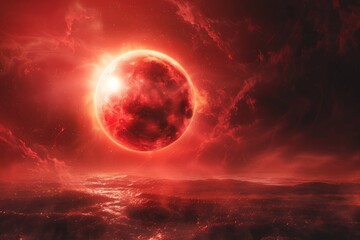 glowing epic red sun with light solar storm
