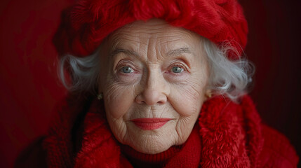 Professional studio photo portrait of a nice pleasant elderly woman, senior, a retiree, with a pronounced emotional expression, widescreen 16:9