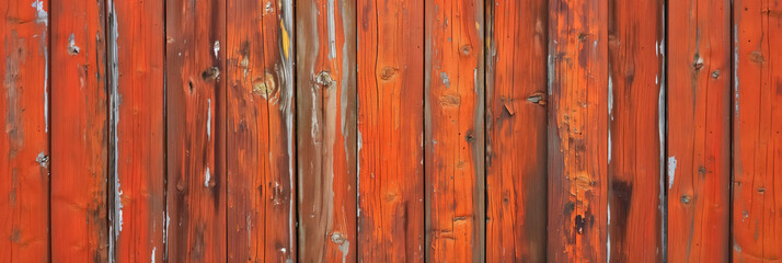 Weathered wooden planks painted red, showing texture and details with flaking paint.