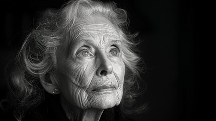 Professional studio photo portrait of a nice pleasant elderly woman, senior, a retiree, with a pronounced emotional expression, widescreen 16:9