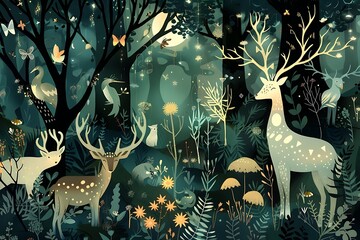 A whimsical forest filled with magical creatures, depicted in light shades and intricate details, in a captivating vector illustration.