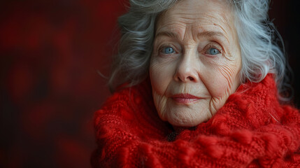 Professional studio photo portrait of a nice pleasant elderly woman, senior, a retiree, with a pronounced emotional expression, widescreen 16:9
