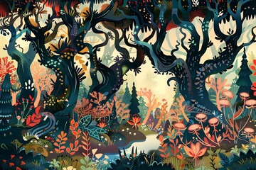 A whimsical forest filled with magical creatures, depicted in light shades and intricate details, in a captivating vector illustration.