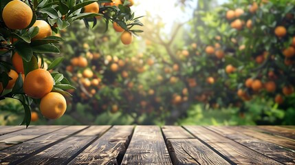 Brown and black wooden table For product presentation The background is an orange orchard and you can clearly see oranges. Generative Ai