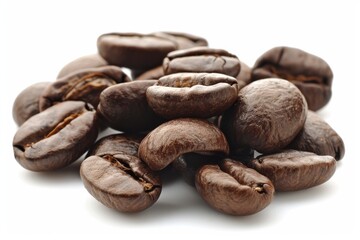 Roasted coffee beans background, coffee beans ,Cup of coffee, bag and scoop on old rusty background,Coffee beans in flight on white background Overhead view of backdrop representing halves of dark 