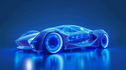 Naklejka premium Frontside Futuristic AR car wireframe concept, generative ai, Augmented reality wireframe of car concept with blue background hyper realistic 