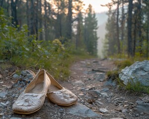 A pair of ballet slippers rests on a rugged hiking trail, symbolizing the intersection of grace and grit, no grunge, splash, dust, white background