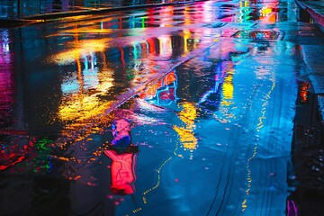Abstract long exposure photograph of colorful city lights reflected in puddles on a rainy evening, creating a captivating interplay of distorted shapes and light reflections.