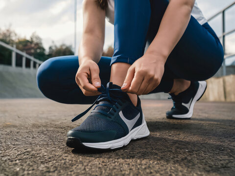 Mujer deportiva atando cordones de zapatillas 