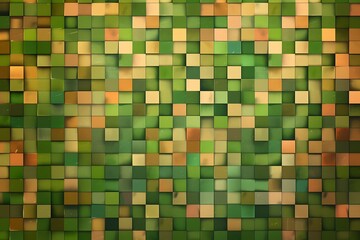 Abstract pixel background illustration. Seamless green and brown tiles backgruond with shadows. Abstract background with scattered mosaic pieces. Seamless colorful pixel background with space for te