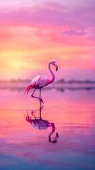 Graceful pink flamingo standing in tranquil waters under a stunning sunset sky