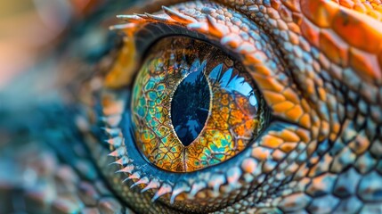 A close up of an eye with rainbow colored irises, macro photography showing extreme detail captured with a macro lens