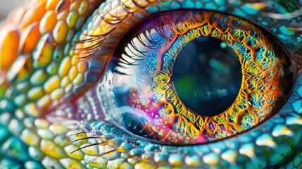 A close up of an eye with rainbow colored irises, macro photography showing extreme detail captured with a macro lens