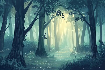 An enchanting forest with tall trees and ethereal light filtering through the branches, portrayed in soft shades in an atmospheric vector illustration.