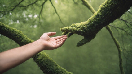 Film grain effect, Human hand touching green textured hand of the forest