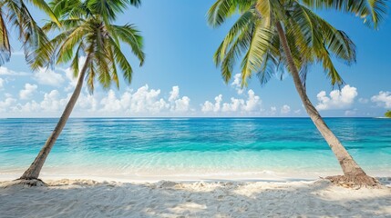 A heavenly luxury place. White sand with palm trees and emerald sea. Beautiful tropical landscape....