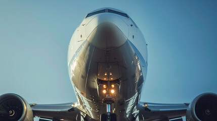 Close-up shot, prime lens, private jet, airliner, aeroplane, plane, isolated shot, sunny, bright soft light, clear sky, shadow play, outside, outdoors