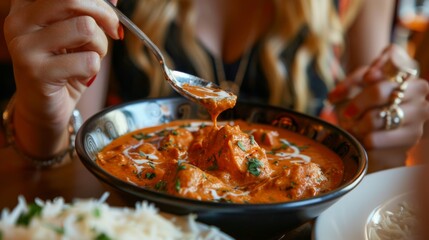 A woman savoring a spoonful of creamy chicken tikka masala, her taste buds delighted by the harmonious blend of spices and flavors - obrazy, fototapety, plakaty