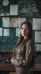 Fototapeta premium Confident female teacher with flowing hair stands in a classroom, projecting professionalism and poise