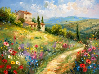 Italian landscape with country side and colorful flowers, Oil paintig banner 