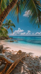 A heavenly luxury place. White sand with palm trees and emerald sea. Beautiful tropical landscape. Exotic summer beach background for design.