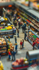Fototapeta premium Toy figures representing shoppers in a detailed miniature supermarket setup with a tilt-shift effect