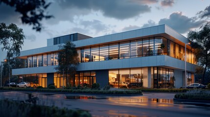 Fototapeta premium 3d exterior office building, one story, glass windows, blue grey color, dusk, street lights on, cars parked outside