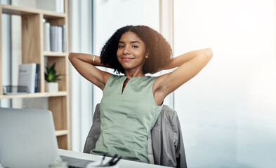 Fototapeta na wymiar Office, portrait and black woman relax at desk and pride for progress and productivity in tasks at startup. Done, complete and worker finished with deadline and stretching in chair with smile