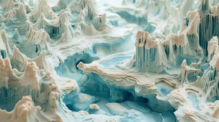 A 3D rendering of a blue and white icy landscape with a river running through it.