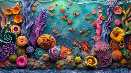 A beautiful and colorful underwater scene with fish, coral, and other sea life.
