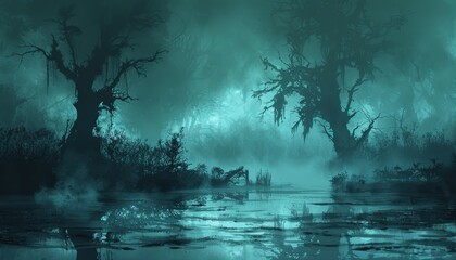 Gloomy foggy swamp with dead trees - obrazy, fototapety, plakaty