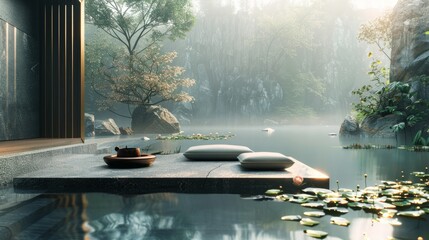 A beautiful landscape of a pond with a floating platform, surrounded by trees and rocks. The water is crystal clear and reflects the sky above.