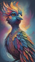Obraz premium Vibrant image features a surreal, mystical bird with intricate feather details against a whimsical, dreamy cloudscape in a stunning color palette, Generative AI.