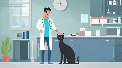 Beautiful black cat and veterinarian in veterinary clinic