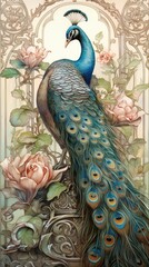 An art nouveau drawing of a peacock animal bird creativity. © Rawpixel.com