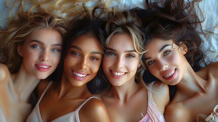 Four Diverse Women Embracing Unity and Friendship with Radiant Smiles