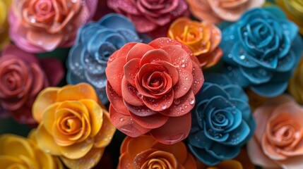 A bunch of colorful roses with water drops on the petals.