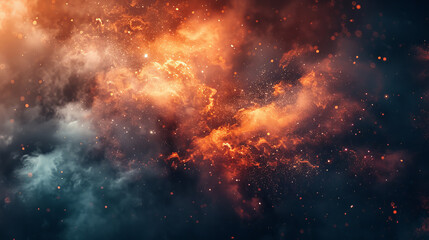 A space scene with orange and blue clouds and a lot of fire