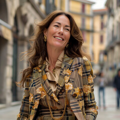 Fototapeta premium Joyful woman in stylish outfit walking in the city.