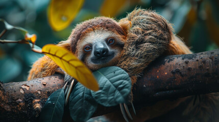 Fototapeta premium A brown and white sloth is resting on a tree branch