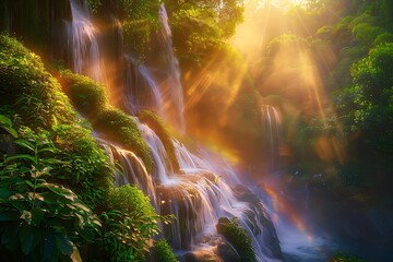 Capture a cascading waterfall at sunrise, its mist forming a vibrant rainbow in the sunlight, amidst lush green foliage. Employ a wide-angle perspective to showcase the grandeur of the scene.