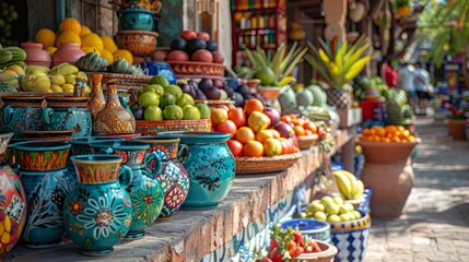 A colorful mexican market stall with fruits and pottery