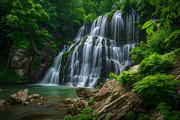 Capture a panoramic landscape photograph of a cascading waterfall surrounded by lush greenery within a national park. Utilize a vibrant color palette to showcase the breathtaking 