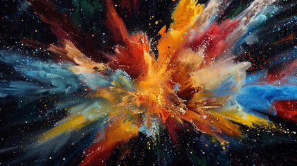 An explosion of acrylic paint in zero gravity, colors colliding and merging in slow motion, a cosmic ballet of hues.