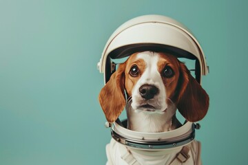 Dog in an astronaut's space suit. studio shot onclear colour background