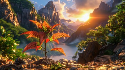 A beautiful landscape image of a plant growing in the mountains with the sun rising in the background.