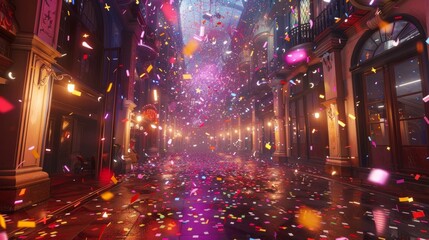 A dark alley lit by the warm glow of lanterns and the bright colors of confetti.